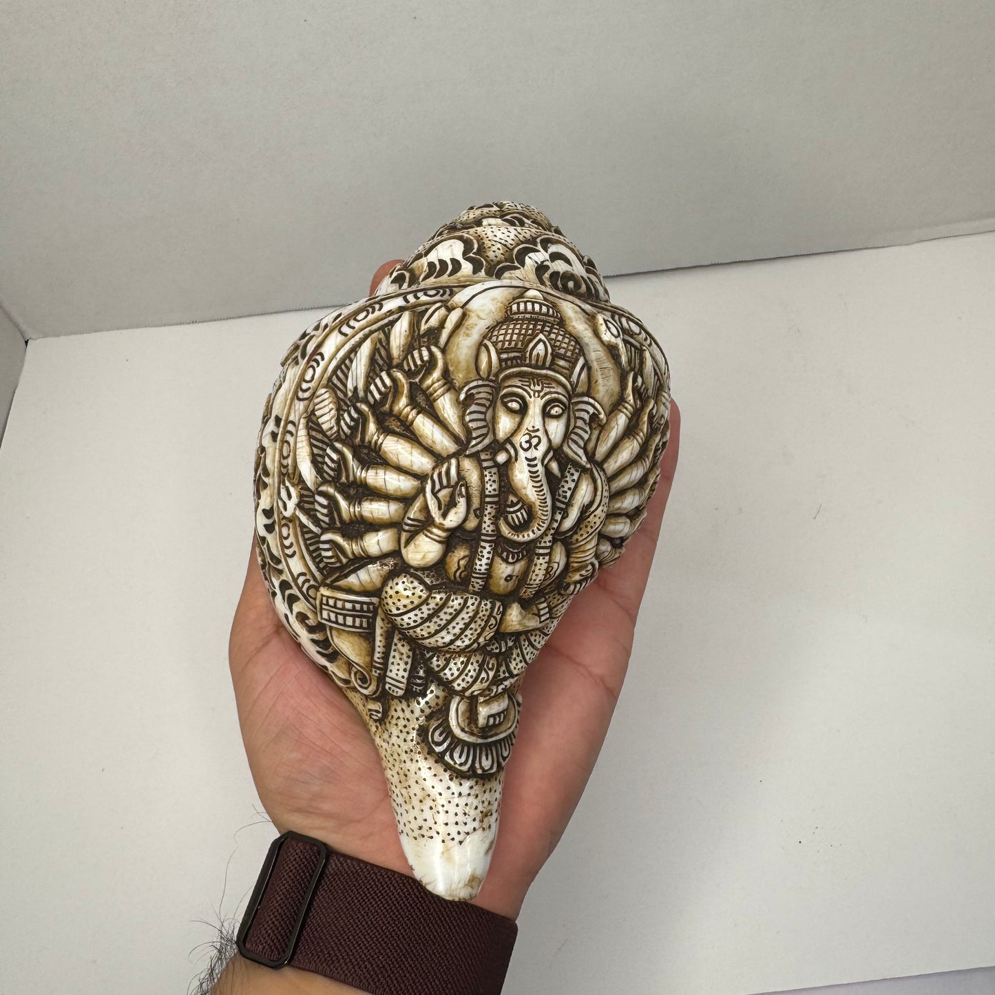 Hand-Carved Sacred Conch Shells with Hindu Deity Designs – Ganesha, Shiva, and Buddha
