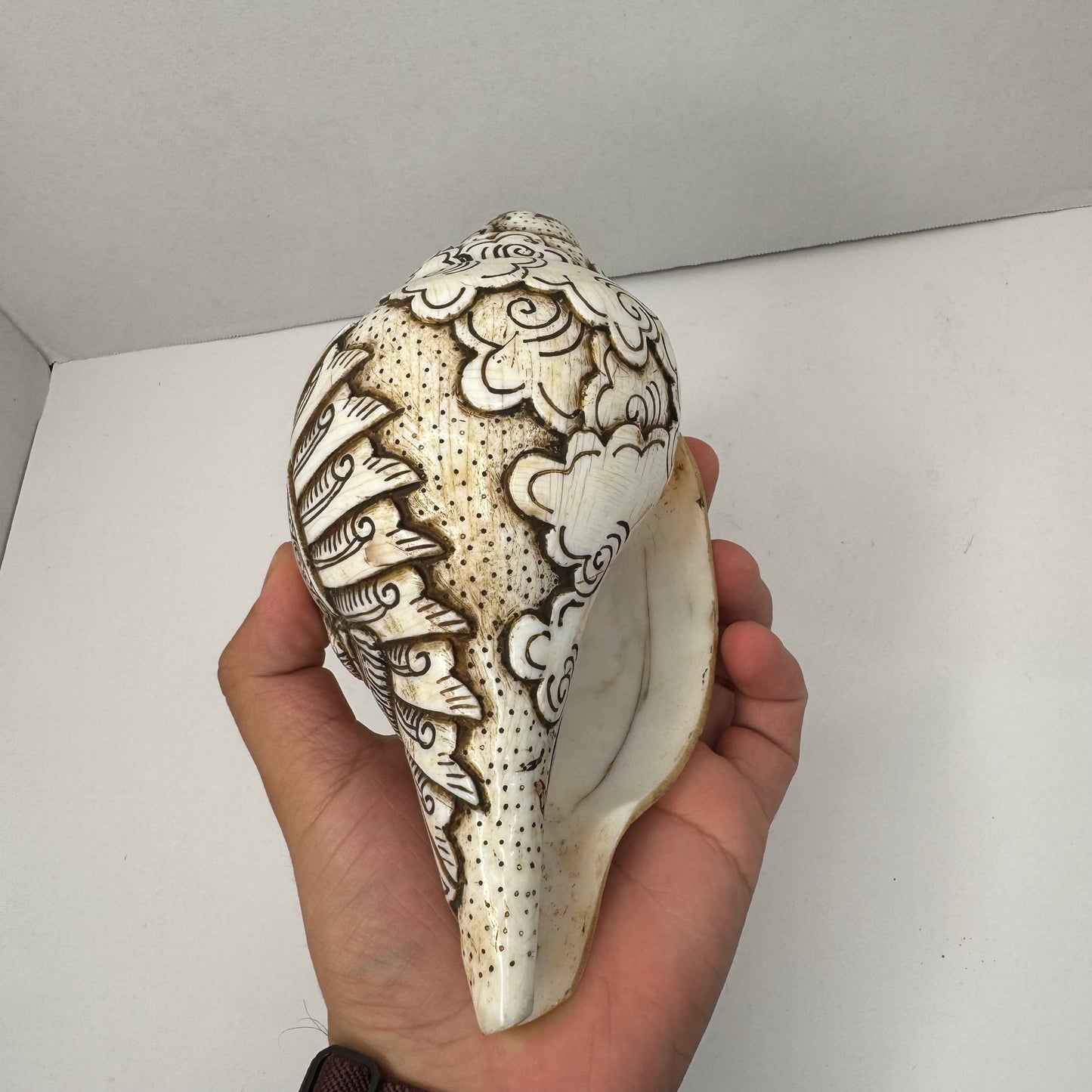 Hand-Carved Sacred Conch Shells with Hindu Deity Designs – Ganesha, Shiva, and Buddha