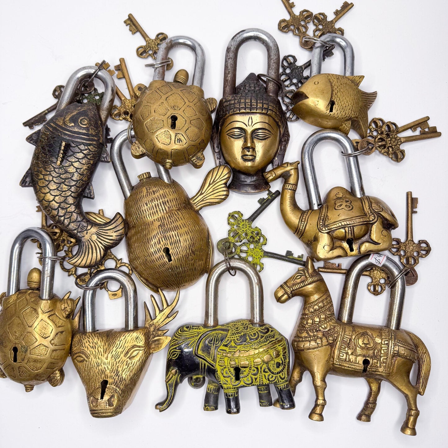 Handmade Brass Padlocks with Vintage Treasure Keys - Antique Style Decorative Locks, decor, wall hanging, gift