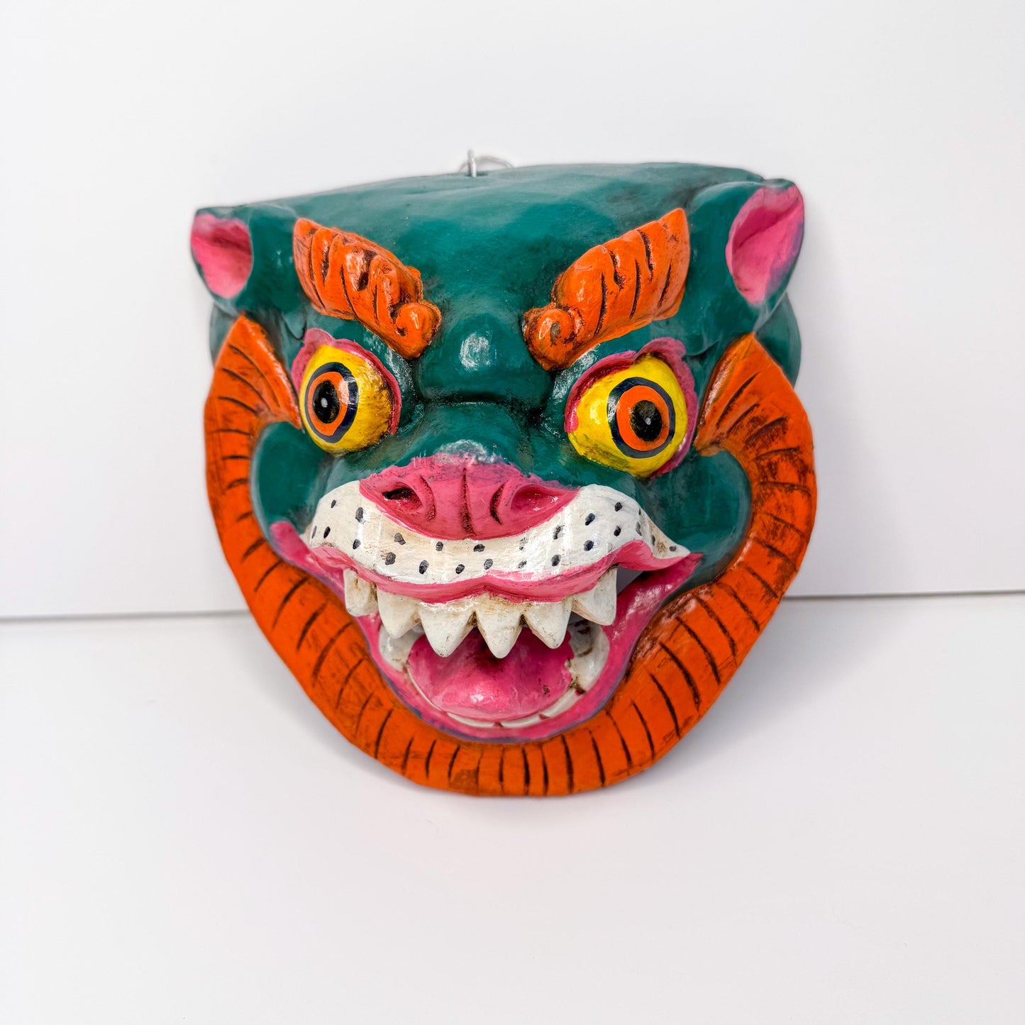 Handcrafted Wooden Tiger Mask - Vibrant, Fierce, Unique, One-of-a-Kind - orgin Nepal