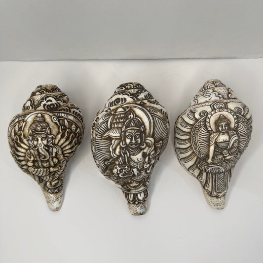 Hand-Carved Sacred Conch Shells with Hindu Deity Designs – Ganesha, Shiva, and Buddha