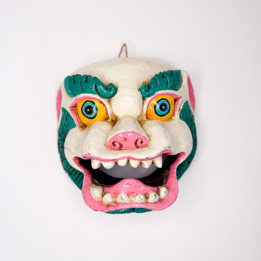 Handcrafted Wooden Mask with Big Jaw and Snout - Vibrant, Unique, One-of-a-Kind -origin Nepal