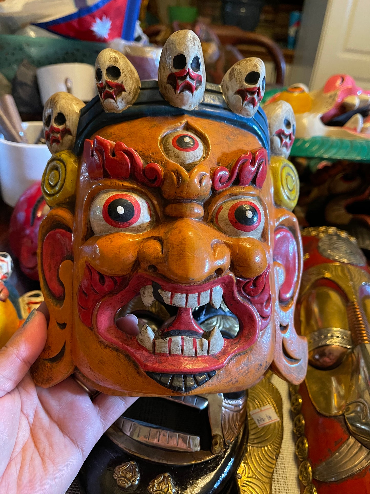 Wood bhairab mask with 3 eyes